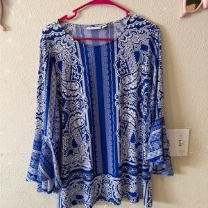 Susan Graver Blue and White Paisley Long-Sleeve Tunic